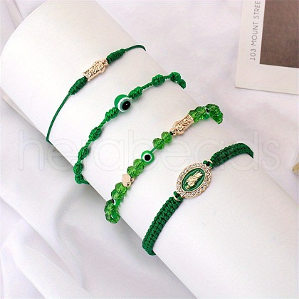4Pcs 4 Styles Golden Alloy Link & Resin Beads Braided Bead Bracelets & Glass Beads Stretch Bracelets FS-WG3FBEF-03-1