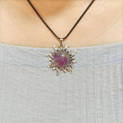 Sun Alloy Violet Glass Pendant Waxed Cord Necklaces for Women FS-WG57C35-06-1