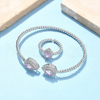 Teardrop Brass Micro Pave Cubic Zirconia Cuff Bangles & Rings Sets for Women SJEW-R002-04P-02-1