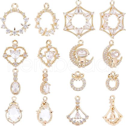  16Pcs 8 Style Rack Plating Brass Micro Pave Clear Cubic Zirconia Pendants KK-NB0001-72-1