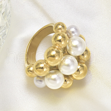316L Surgical Stainless Steel with Shell Pearl Round Beaded Finger Rings for Women FS-WG2730F-03-1