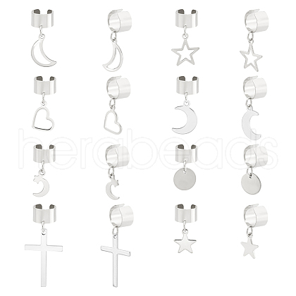 8 Pairs 8 Styles 304 Stainless Steel Charms Cuff Earrings EJEW-UN00006-1