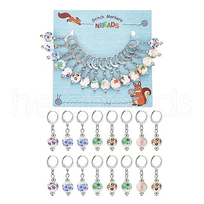 Round with Flower Pattern Handmade Printed Porcelain Ceramic Pendant Stitch Markers HJEW-AB00459-1