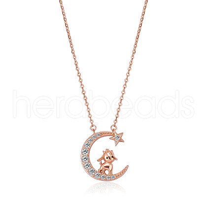 Chinese Zodiac Necklace Sheep Necklace 925 Sterling Silver Rose Gold Lamb on the Moon Pendant Charm Necklace Zircon Moon and Star Necklace Cute Animal Jewelry Gifts for Wome JN1090H-1