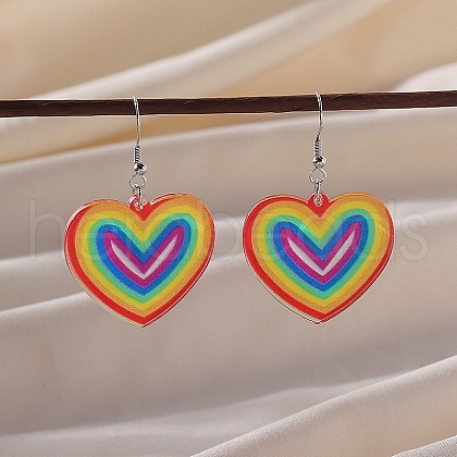 Pride Rainbow Flag Resin Heart Dangle Earrings PW-WG96446-01-1