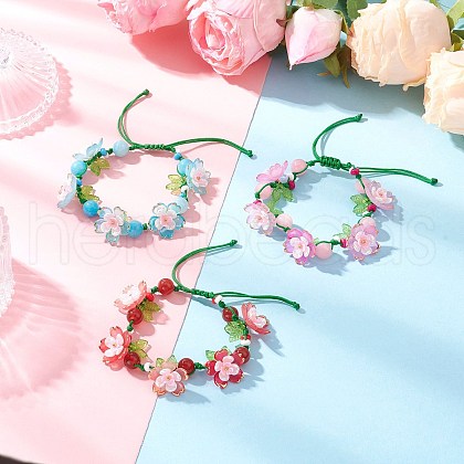3Pcs Floral Acrylic Beads Braided Bead Bracelets for Women BJEW-MZ00184-1