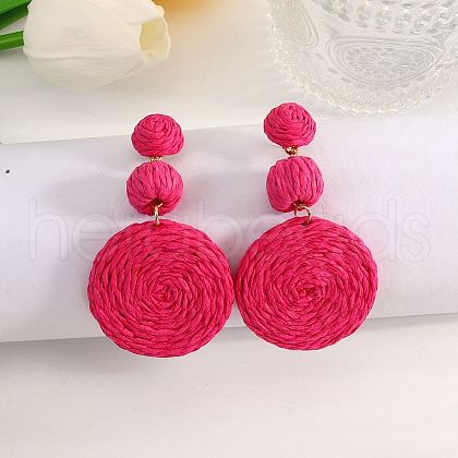 Flat Round Alloy Raffia Dangle Stud Earrings FS-WG4F3C4-04-1