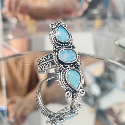 Teardrop & Oval Bohemian Style Zinc Alloy with Resin Imitation Moonstone/Rhinestone Finger Rings FS-WGFB6C4-11-1