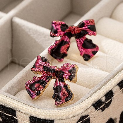 Bowknot with Leopard Print Alloy Stud Earrings EJEW-Z112-03G-1