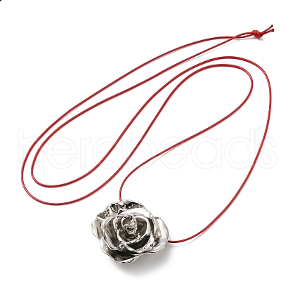 Zinc Alloy Rose Flower Pendant Necklace with Leather Cords NJEW-D044-01P-1