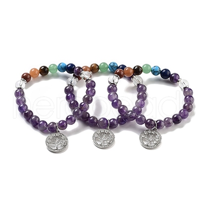 Natural Amethyst Round Beaded Chakra Stretch Bracelets BJEW-K251-01D-1