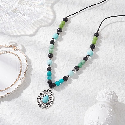 Alloy Pave Synthetic Turquoise Teardrop Pendant Baking Painted Round Glass Beaded Braided Necklaces NJEW-JN05312-1