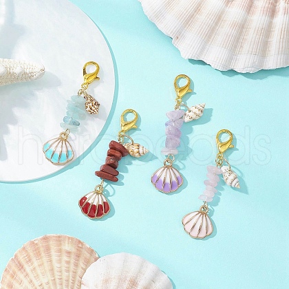 Shell Shape Alloy Enamel & Natural Aquamarine & Red Jasper & Rose Quartz & Amethyst Chips Bead Pendant Decorations HJEW-JM03247-1
