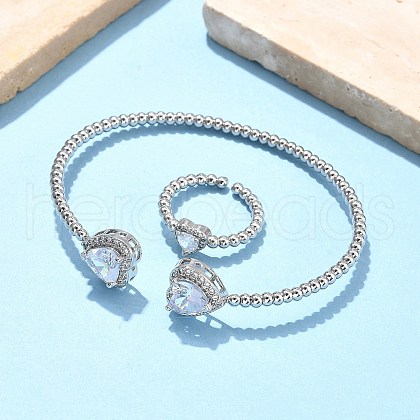 Heart Brass Micro Pave Cubic Zirconia Cuff Bangles & Rings Sets for Women SJEW-R002-05P-03-1