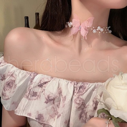 Butterfly Gauze Crystal Rhinestone with Plastic Pearl Choker Necklaces FS-WG41A31-06-1