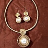 Oval Aluminum Wire Wrapped Acrylic Imitation Pearl with Imitation Leather Pendant Necklaces & Dangle Earrings Sets  FS-WG4644F-01-2