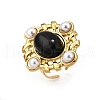 304 Stainless Steel with Natural Gemstone and Plastic Imitation Pearl Adjustable Cuff Rings for Women RJEW-Z096-02G-03-2