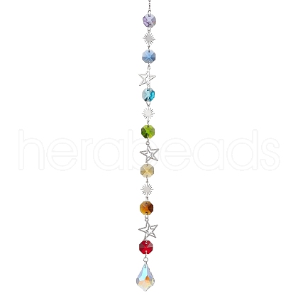 Glass and Brass Link Pendant Decorations HJEW-TA00127-1
