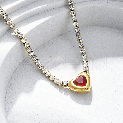 304 Stainless Steel Red & Clear Cubic Zirconia Heart Pendant Necklaces for Women NJEW-Z044-15G-01-1