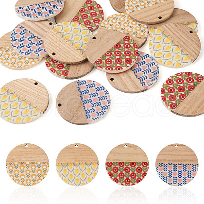 Beadthoven 16Pcs 4 Colors Printed Resin & Wood Pendants WOOD-BT0001-13-1