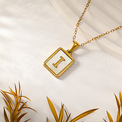 Rectangle Stainless Steel Pave Natural White Shell Initial Pendant Necklaces for Women FS-WGB5EDA-09-1