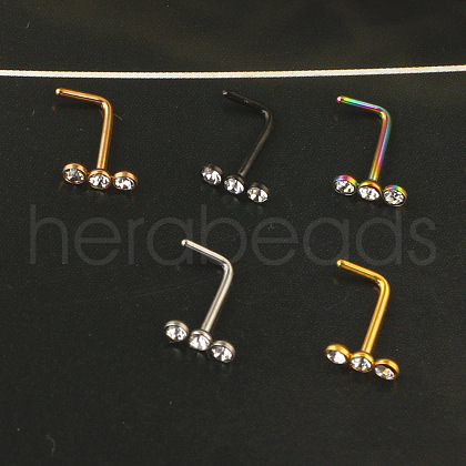 304 Stainless Steel Crystal Rhinestone 3 Flat Round L-Shaped Nose Rings WGC87C3-05-1