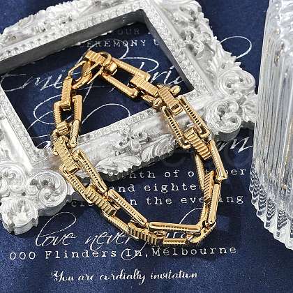 304 Stainless Steel Trapezoid Link Chain Bracelets for Women Men BJEW-F488-40G-1