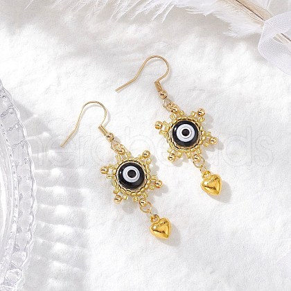 Evil Eye with Heart Alloy Glass Seed Beads Dangle Earrings EJEW-MZ00422-1