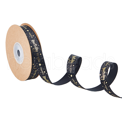 20 Yards Gold Stamping Polyester Happy Birthday to You Printed Ribbon OCOR-WH0082-243A-1