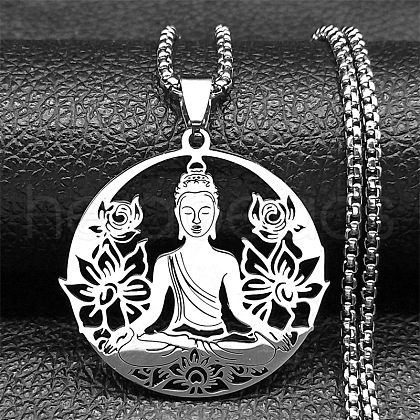 304 Stainless Steel Hollow Buddha Yoga Flower Pendant Necklaces for Women NJEW-K283-06P-1