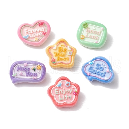 6Pcs 6 Styles Cartoon Word Opaque Resin Brooches JEWB-BR00157-1
