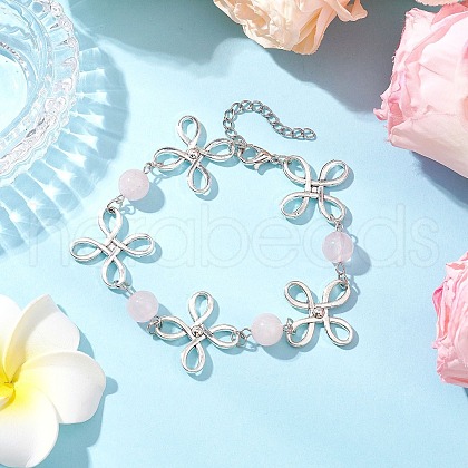 Alloy Natural Rose Quartz Link Bracelets for Women BJEW-JB11684-01-1