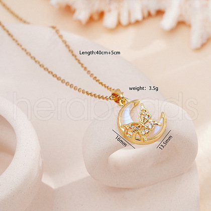 Brass Crystal Rhinestone & Resin Butterfly Moon Pendant Necklaces for Women FS-WG063FB-03-1
