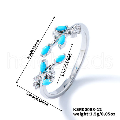 Exquisite Brass Cubic Zirconia Willow Leaf Cuff Rings for Women UN6923-12-1