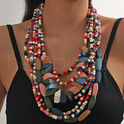 Bohemian Style Wood Geometric Beaded Multilayer Necklaces for Women WG33684-02-1