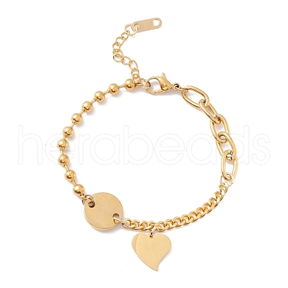 Vacuum Plating Flat Round and Heart Charm Bracelet with 304 Stainless Steel Chains for Women STAS-P304-11G-1