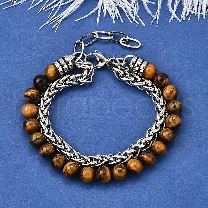 Natural Tiger Eye Round Beads Multi-strand Bracelets BJEW-D330-02P-08-1