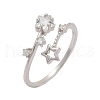 Star Sterling Silver Cubic Zirconia Adjustable Open Cuff Rings for Women RJEW-B128-04-4