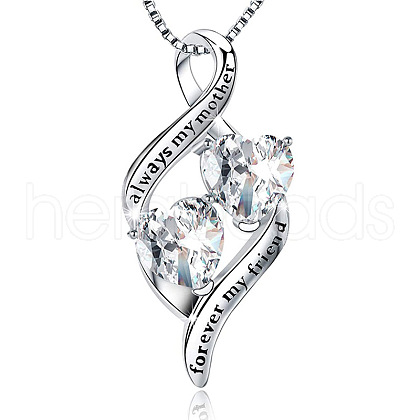 925 Sterling Silver Pave Clear Cubic Zirconia Double Heart Pendant Necklaces for Mother's Day FS-WG5E11A-01-1