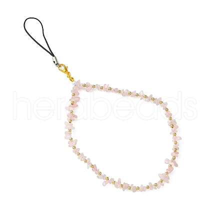 Natural Rose Quartz Chip & CCB Plastic Round Beaded Mobile Straps HJEW-FZ00001-1