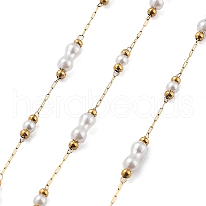 ABS Imitation Pearl & 304 Stainless Steel Beads Link Chains CHS-K021-07G-03-1