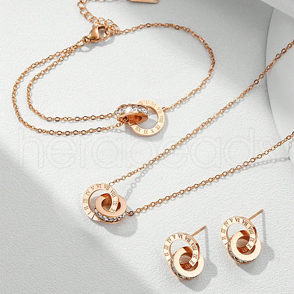 Double Ring with Roman Numerals 316 Surgical Stainless Steel Crystal Rhinestone Pendant Necklaces & Stud Dangle Earrings & Link Bracelets Sets FS-WG129E5-02-1