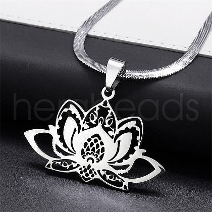 304 Stainless Steel Chakra Lotus Flower Hollow Pendant Necklaces NJEW-K283-29P-1