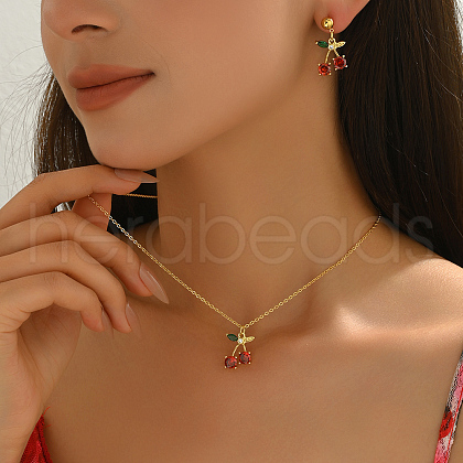 Brass Cherry Stud Earrings & Pendant Necklaces Set Women DP3348-6-1