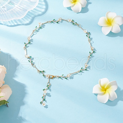 Brass Micro Pave Green Cubic Zirconia & Imitation Pearl Flower Branch Link Chain Necklaces for Women NJEW-JN05309-1