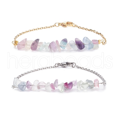 2Pcs 2 Color Natural Fluorite Chip Beaded Link Bracelets Set with 304 Stainless Steel Cable Chains BJEW-JB07914-02-1
