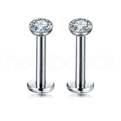 Flat Round Stainless Steel Clear Cubic Zirconia Internally Threaded Labrets WG955BE-01-1