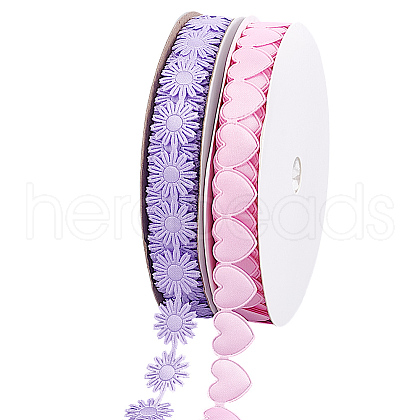   2 Rolls 2 Styles Heart & Flower Polyester Lace Ribbon OCOR-PH0004-66B-1