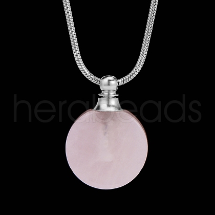 Natural Rose Quartz Flat Round Perfume Bottle Pendant Necklaces PW-WGD45C6-12-1