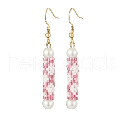 Glass Pearl & Seed Column Dangle Earrings EJEW-MZ00059-02-1